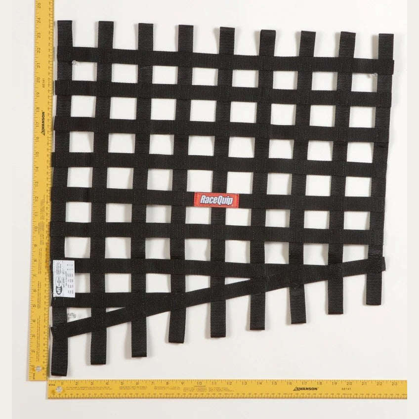 RaceQuip black SFI rated tapered drag racing rib net, 24 to 18 inches wide by 23 inches long.