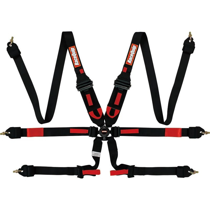 RaceQuip 855005 black 6-point camlock racing harness with 2-inch webbing and pull-down lap adjustment straps.