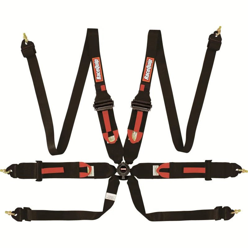 RaceQuip black 6-point racing harness with camlock buckle, pull-up lap belts, and FHR-compatible shoulder straps.