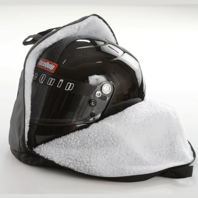 RaceQuip black heavy duty padded racing helmet bag with reinforced handles and zipper closure.