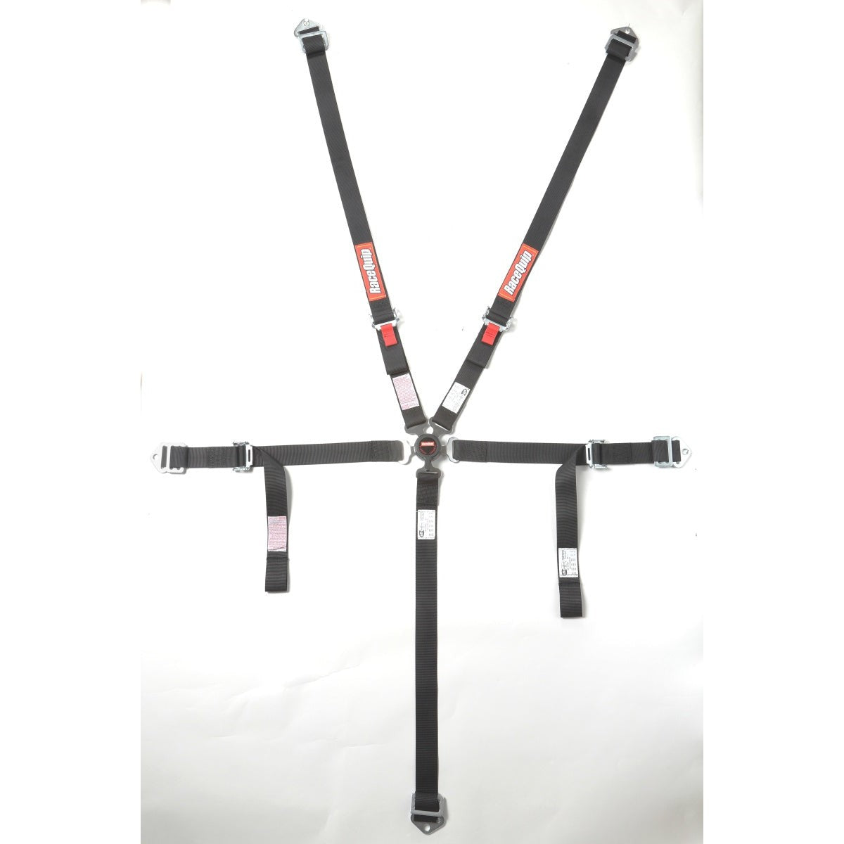 RaceQuip Black Junior 5-point racing harness featuring a central camlock release buckle.