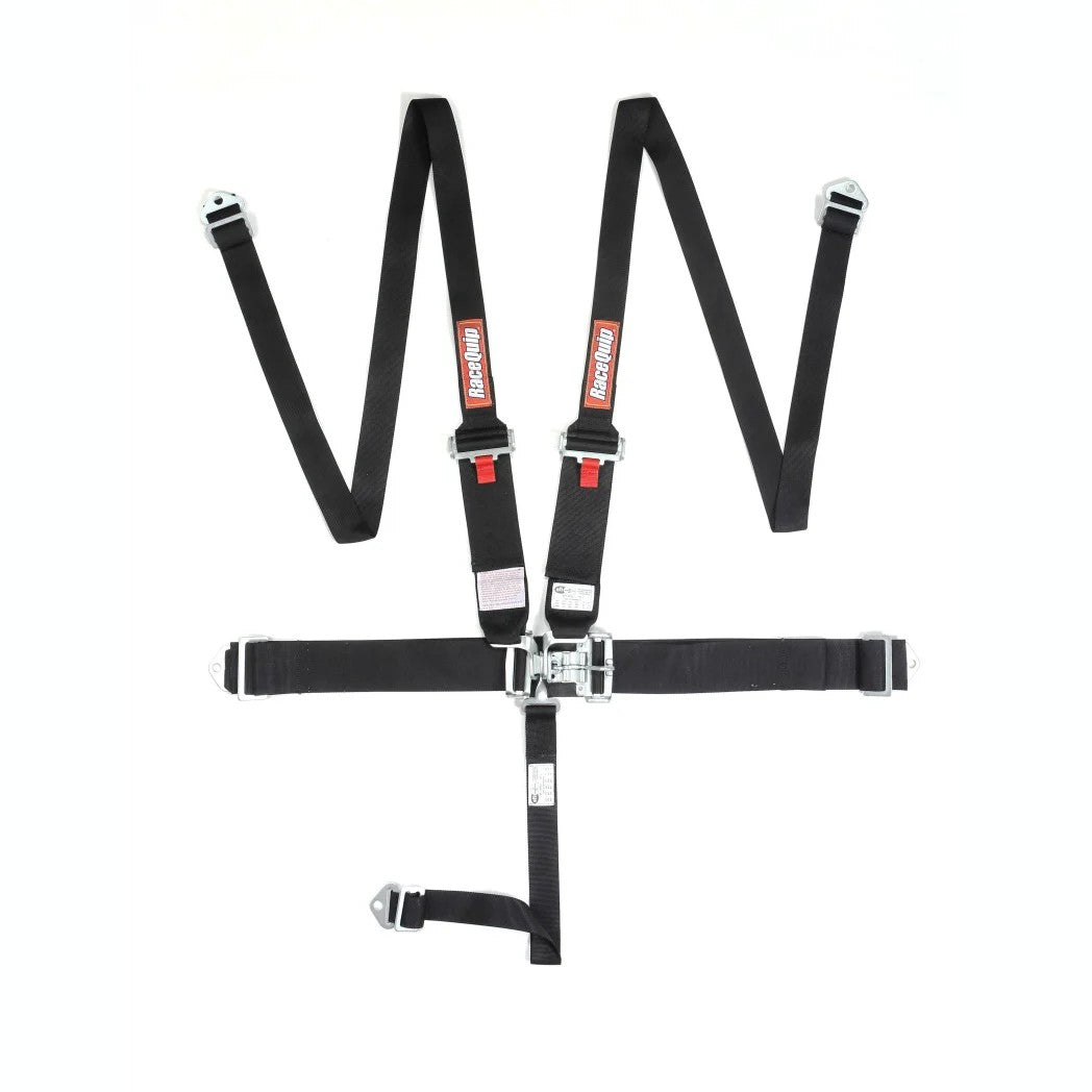 Black RaceQuip 5-point latch and link racing harness featuring HNR tapered shoulder belts and steel mounting hardware.