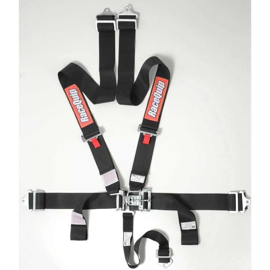 Black RaceQuip 5-point racing harness featuring a latch and link buckle and silver mounting hardware.