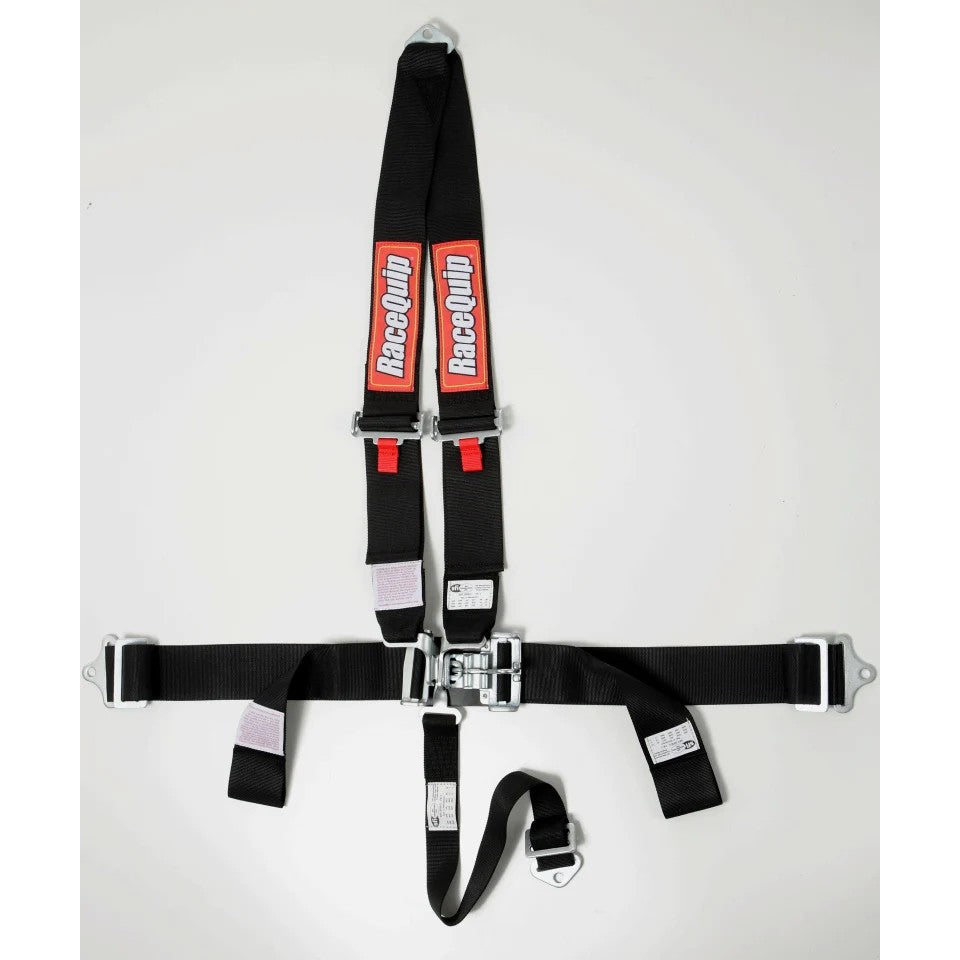 Black RaceQuip 4-point harness featuring latch and link buckle and steel mounting hardware.
