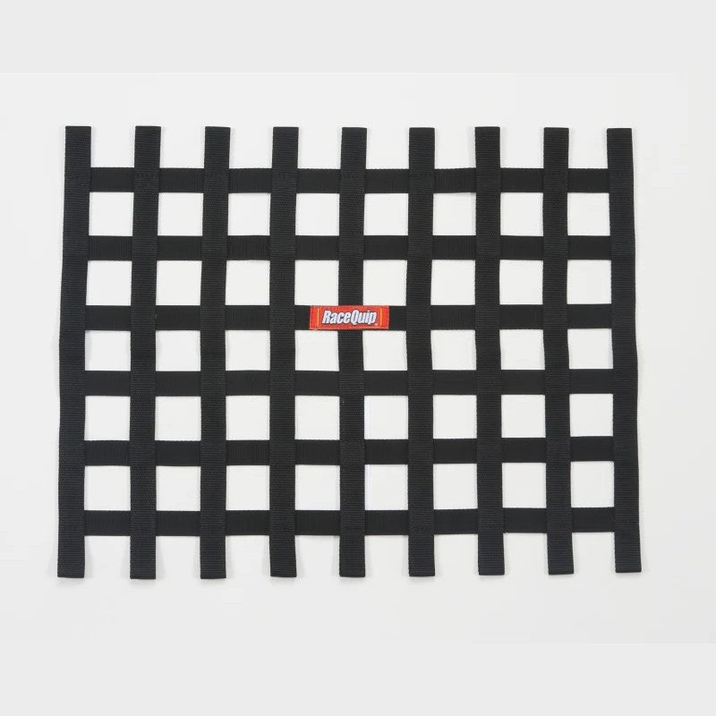 RaceQuip black ribbon-style racing safety window net made of heavy-duty webbing
