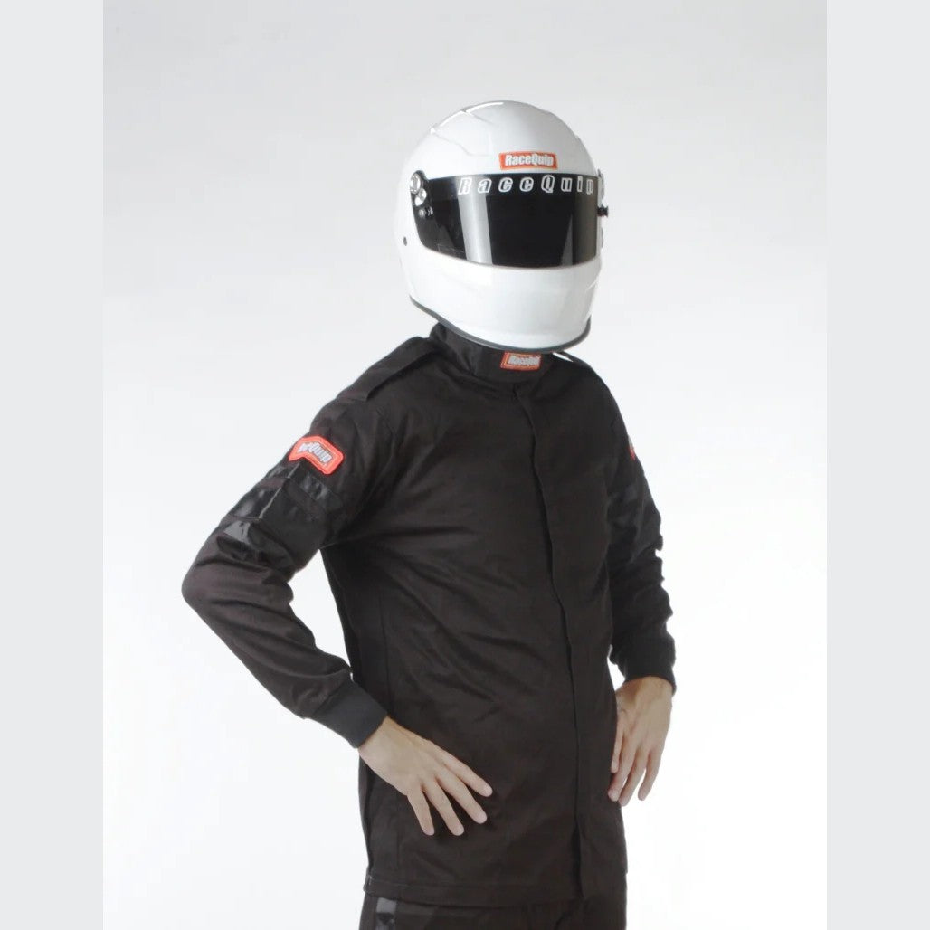 RaceQuip 111008 black single-layer SFI-1 rated fire-retardant racing jacket in size 3XL.