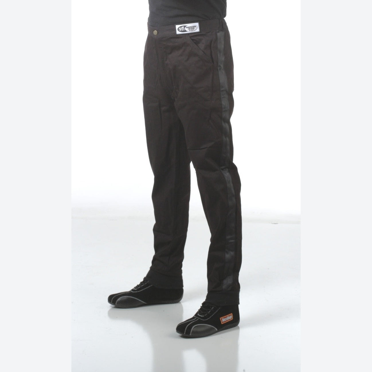RaceQuip 112003 black SFI 3.2A/1 single-layer Pyrovatex racing pants in size medium.
