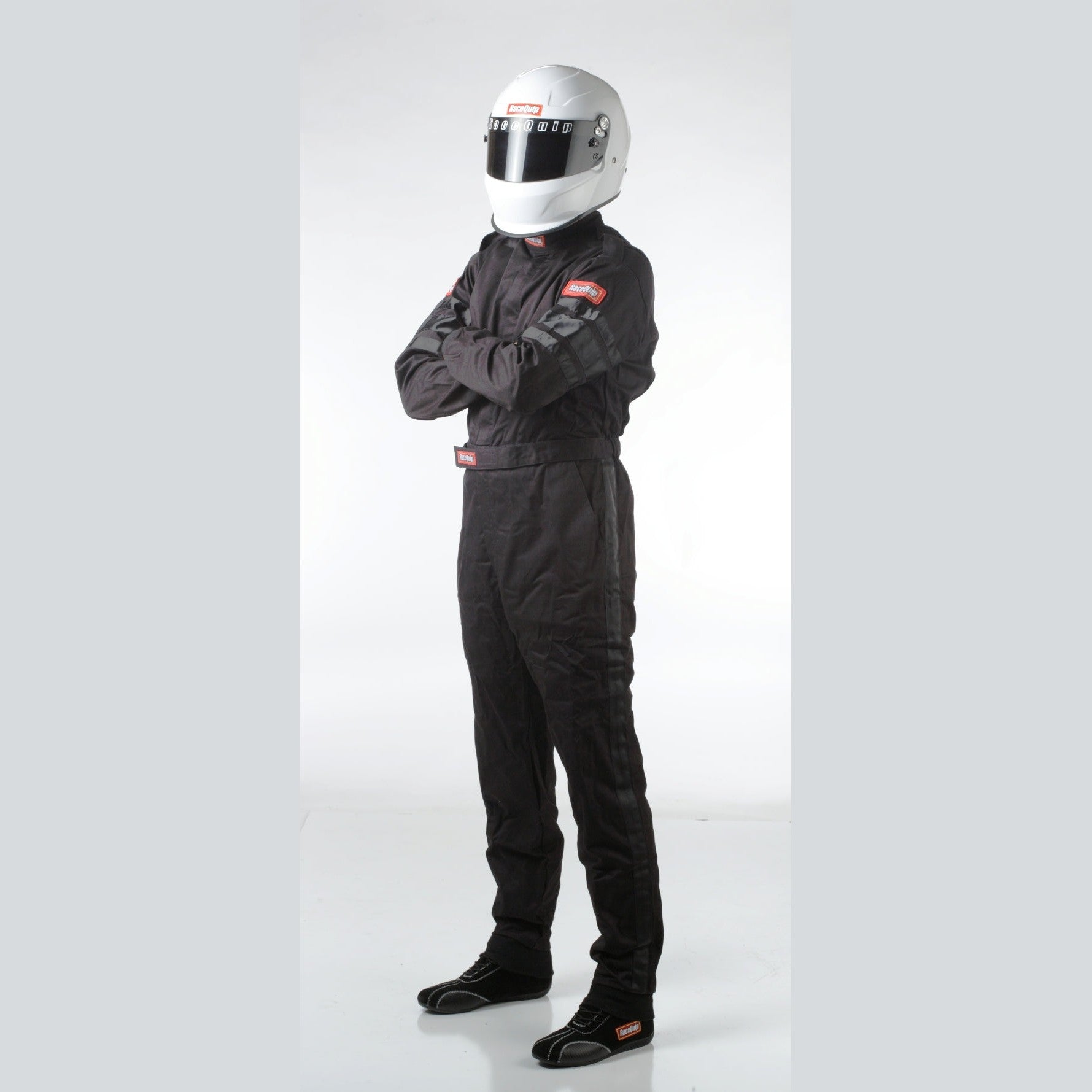 Black RaceQuip SFI-1 single-layer racing suit with white arm stripes and a heavy-duty brass zipper.