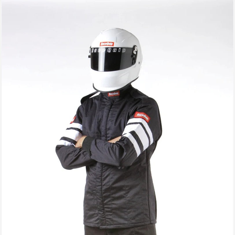 Black RaceQuip SFI-5 multi-layer racing jacket with white shoulder stripes and SFI certification patch.