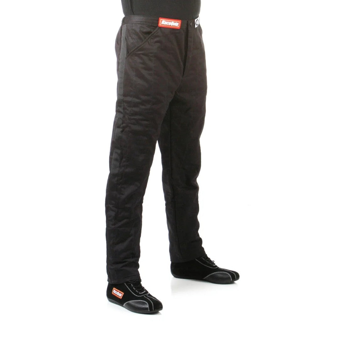 Black RaceQuip SFI-5 multi-layer fire-retardant racing suit pants in size medium