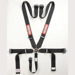 RaceQuip black 5-point racing harness featuring a magnesium alloy camlock buckle and pull-down lap belt adjusters.