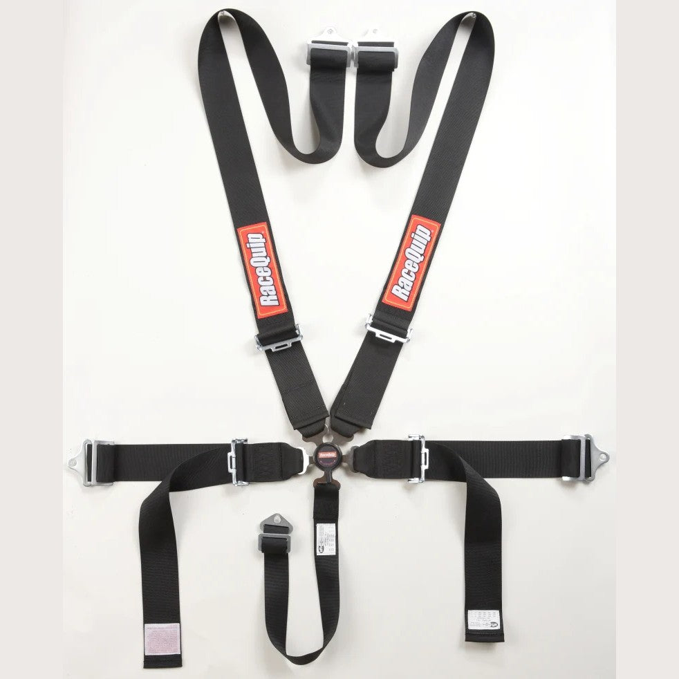RaceQuip black 5-point racing harness featuring a magnesium alloy camlock buckle and pull-down lap belt adjusters.