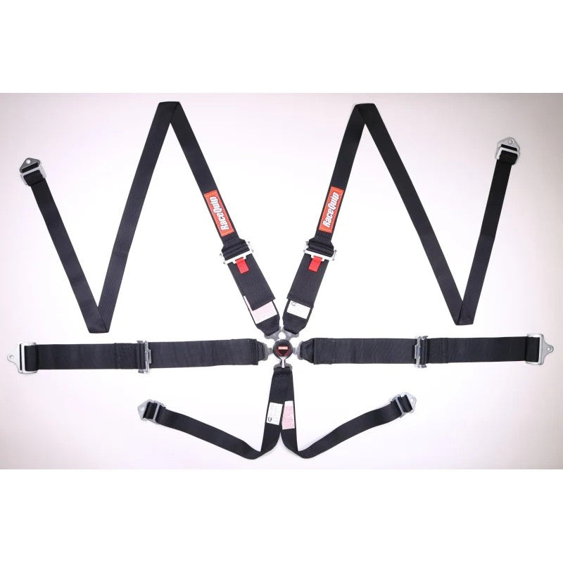 Black RaceQuip 6-point racing harness featuring an aluminum camlock buckle and pull-up lap belt adjusters.