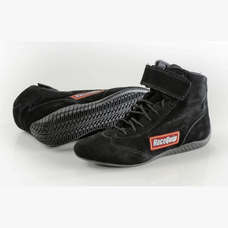 RaceQuip black suede SFI rated racing shoe showing the high-grip rubber sole and lace-up design.