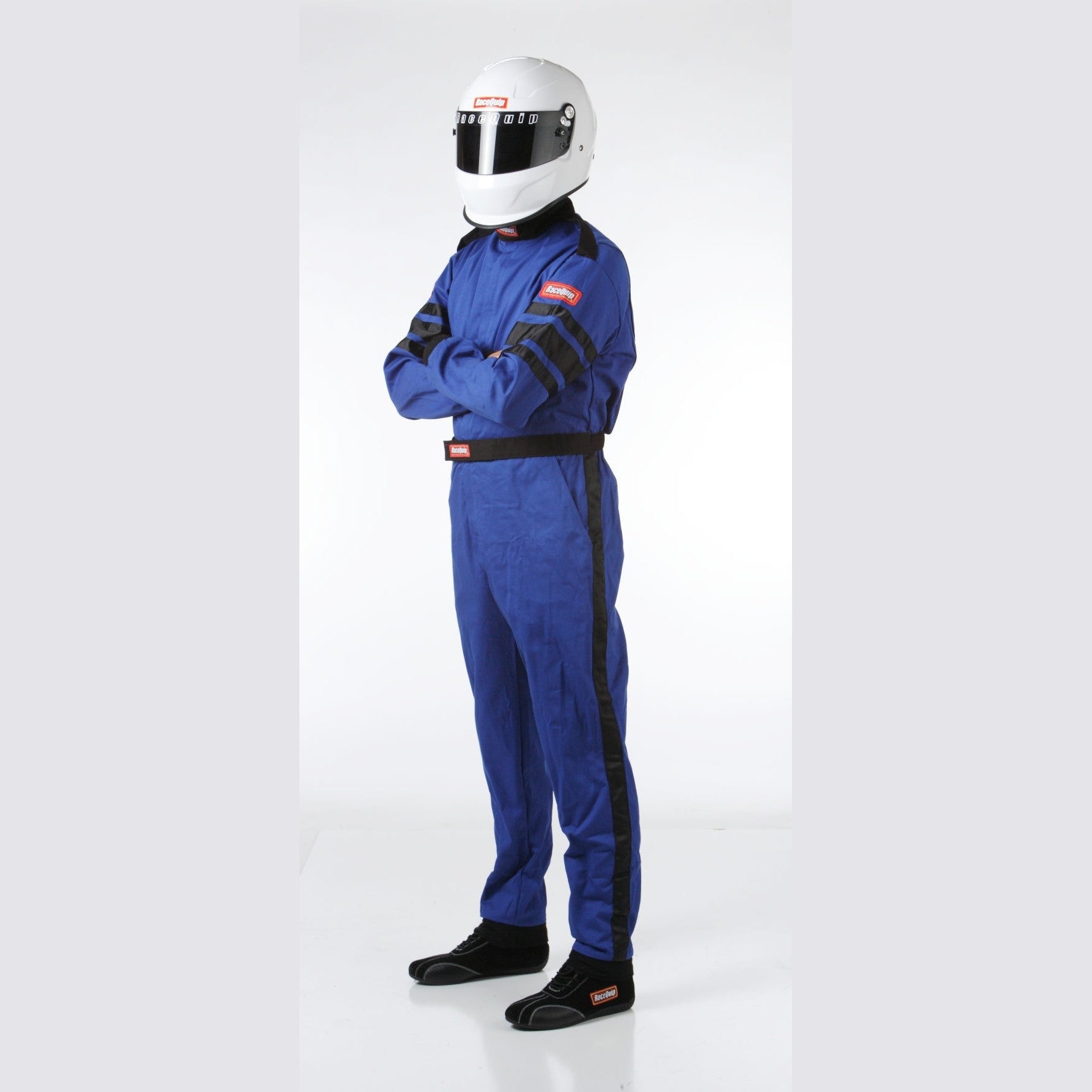 RaceQuip Blue SFI 3.2A/1 single-layer fire suit with black shoulder epaulets and a black belt.