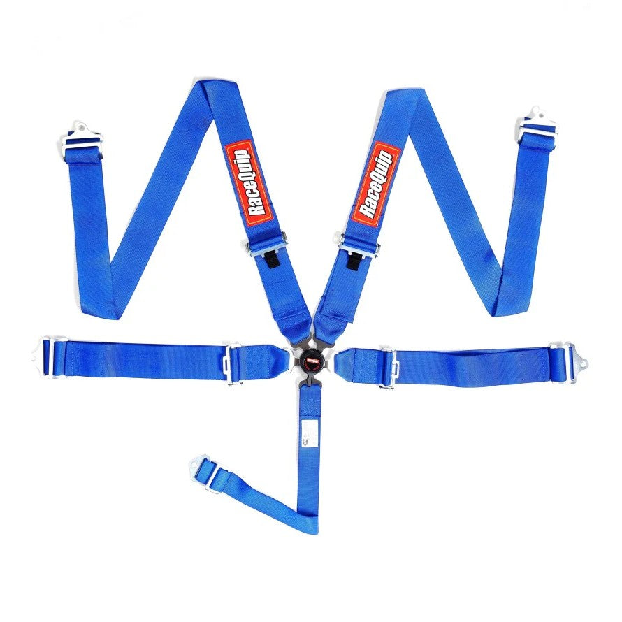 Blue RaceQuip 5-point racing harness featuring a magnesium camlock buckle and 3-inch SFI rated webbing.