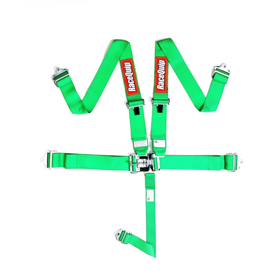 Green RaceQuip 5-point racing harness featuring a Latch and Link buckle system and black hardware.