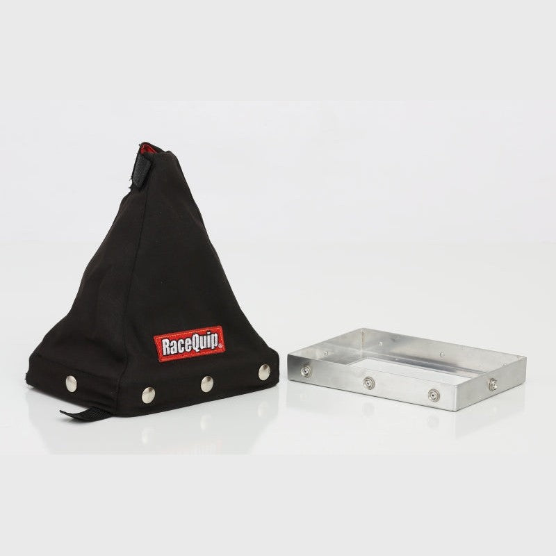 RaceQuip 9-inch fire retardant shifter boot kit featuring a black fire-resistant boot and metal mounting hardware.