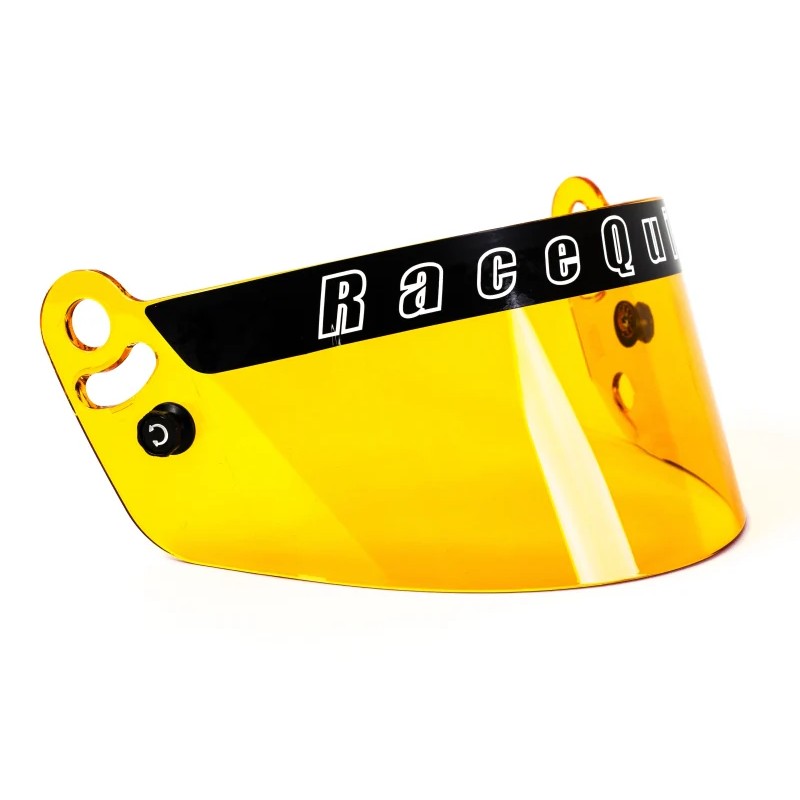 Amber tinted RaceQuip PRO Series replacement helmet shield featuring tear-off posts and side mounting points.