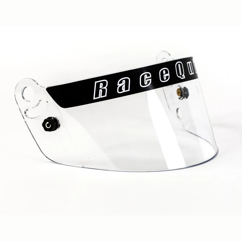 Clear 3mm polycarbonate replacement visor for RaceQuip PRO Series helmets featuring integrated tear-off posts.