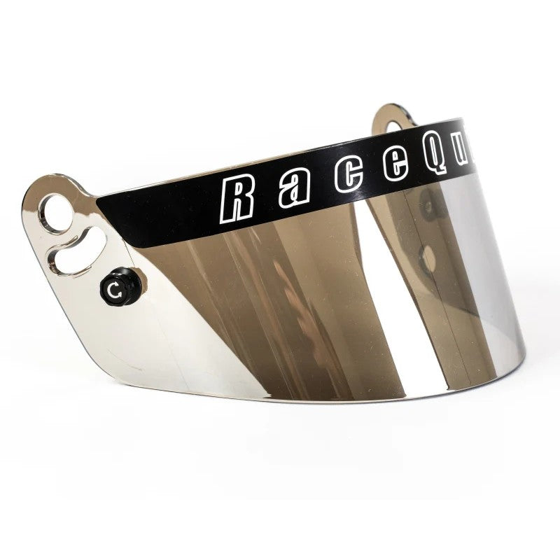 Reflective mirror finish RaceQuip PRO Series helmet shield with integrated black tear-off posts.