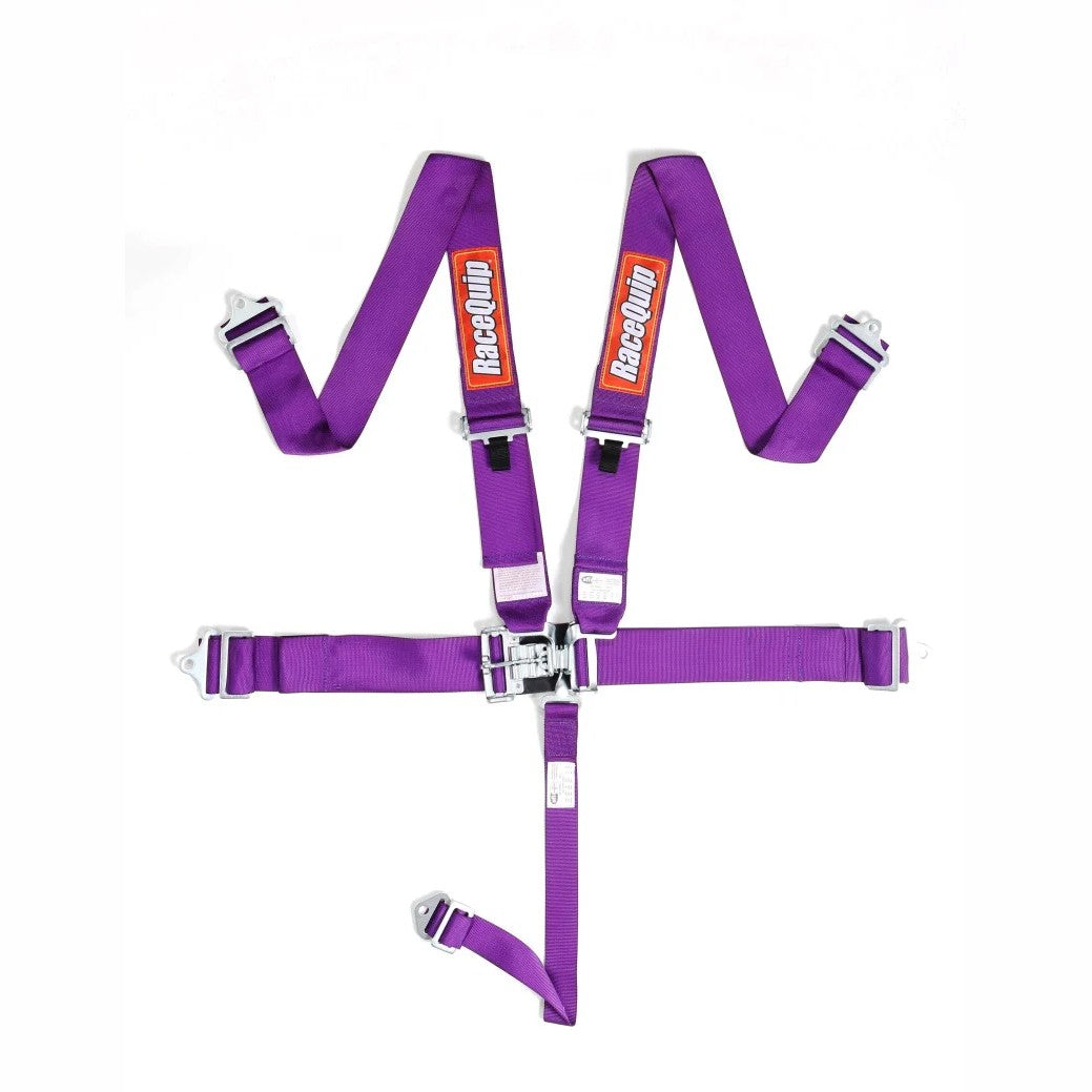 RaceQuip 711051 5-point racing harness with purple webbing and silver latch & link hardware.