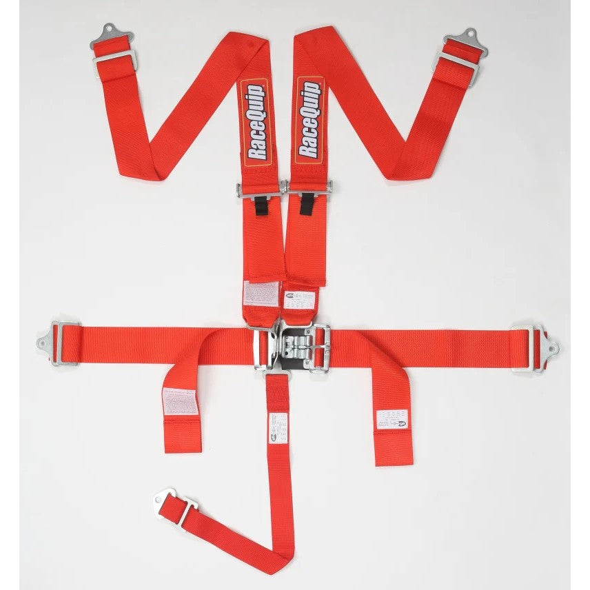 Red RaceQuip 5-point racing harness with metal Latch & Link buckle and individual shoulder straps.