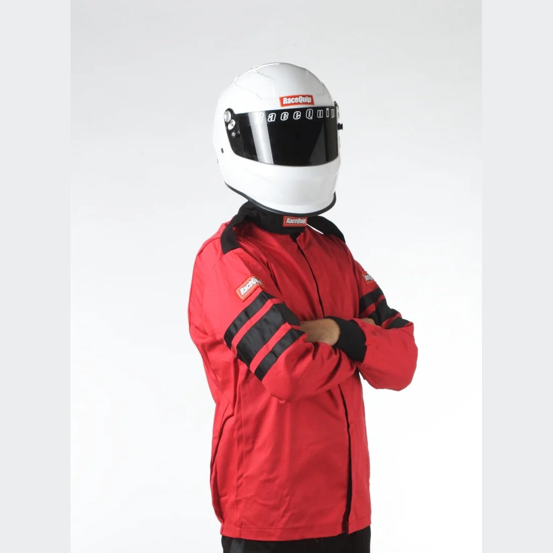Red RaceQuip SFI-1 single-layer fire-retardant driving jacket with black wrist cuffs and brass zipper