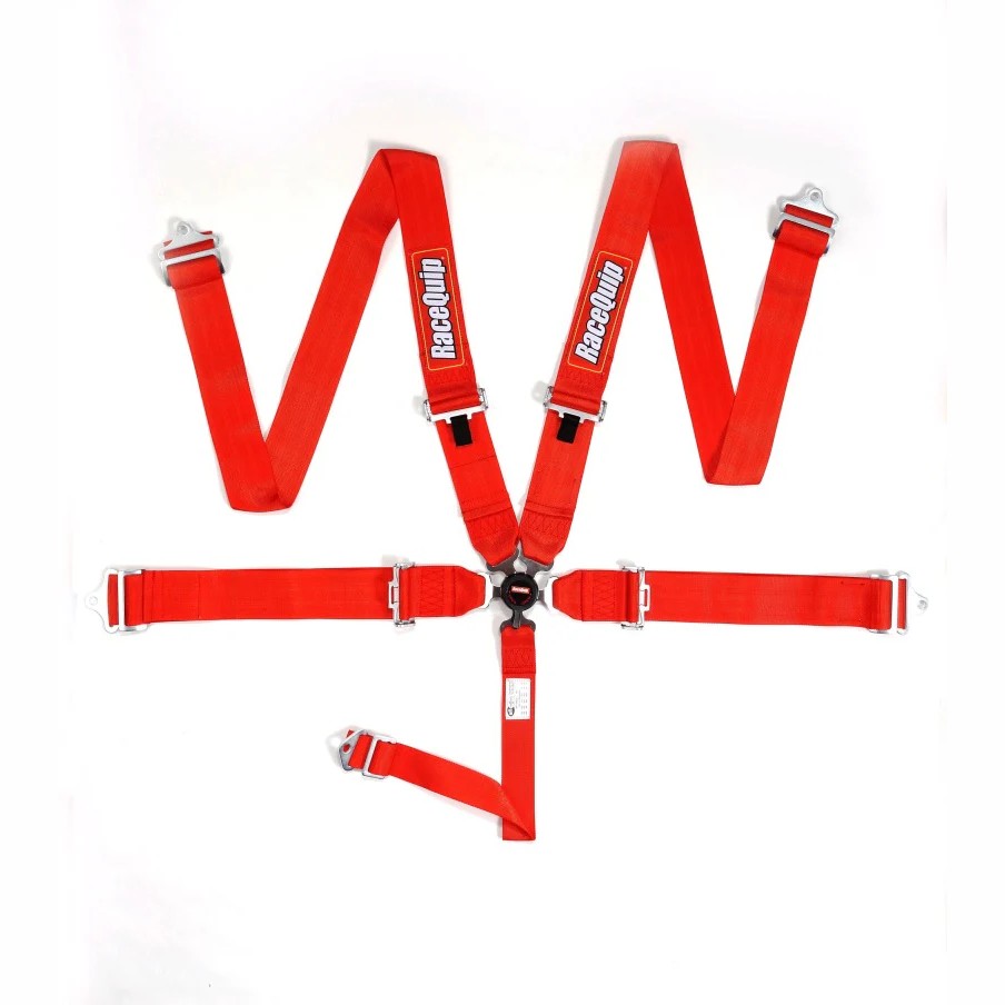 RaceQuip red 5-point harness with camlock quick-release buckle and pull-down lap belt adjustment.