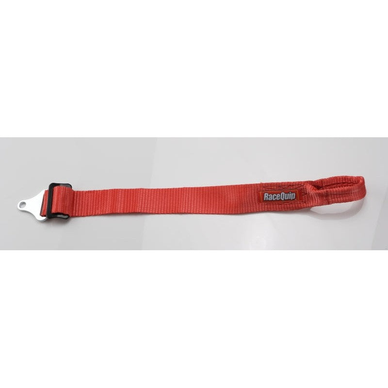 RaceQuip heavy-duty tow strap with integrated soft loop ring for vehicle recovery.