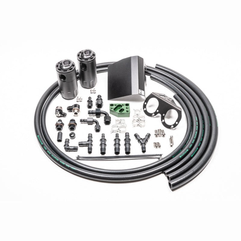 Radium Engineering Fluid Lock dual catch can kit with black anodized canisters, mounting brackets, and hoses