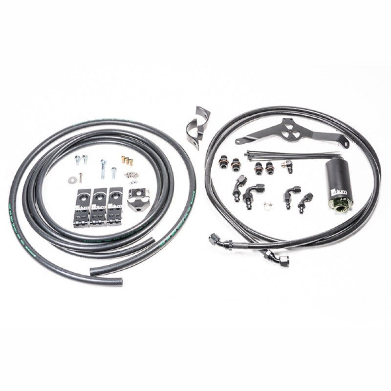 Radium Engineering fuel hanger plumbing kit with high-flow fuel lines and an inline stainless steel fuel filter