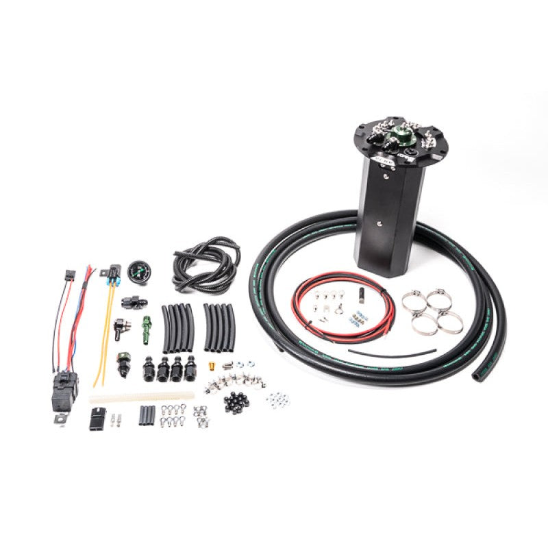 Radium fuel hanger surge tank assembly for Nissan 370Z showing the drop-in housing and pump mounting configuration.