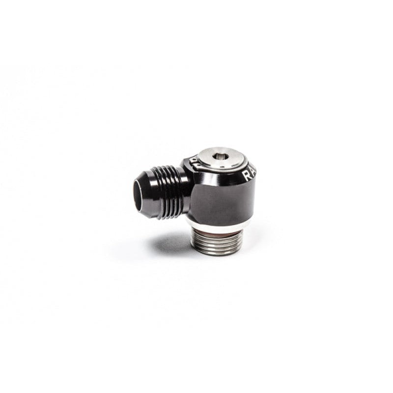 Radium Engineering 10AN ORB to 10AN male swivel banjo fitting with stainless steel body and aluminum top.