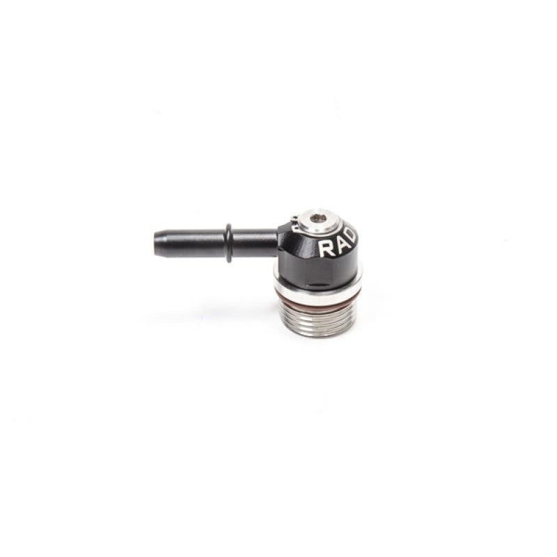 Radium 90-degree swivel banjo fitting with 10AN ORB threads and a .313 SAE male quick-connect post.