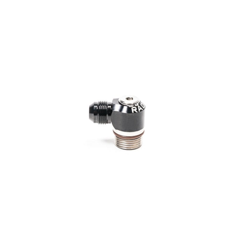 Radium Engineering 10AN ORB swivel banjo adapter to 8AN male flare in black and silver finish.