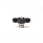 Radium Engineering 10AN ORB swivel banjo adapter with dual 10AN male outlets and black anodized finish.