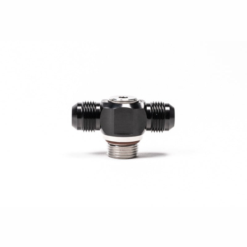 Radium Engineering 10AN ORB swivel banjo adapter with dual 10AN male outlets and black anodized finish.