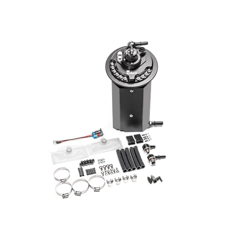 Anodized billet aluminum Radium Engineering in-tank fuel pump hanger for 2011-2025 Ford Mustang models.