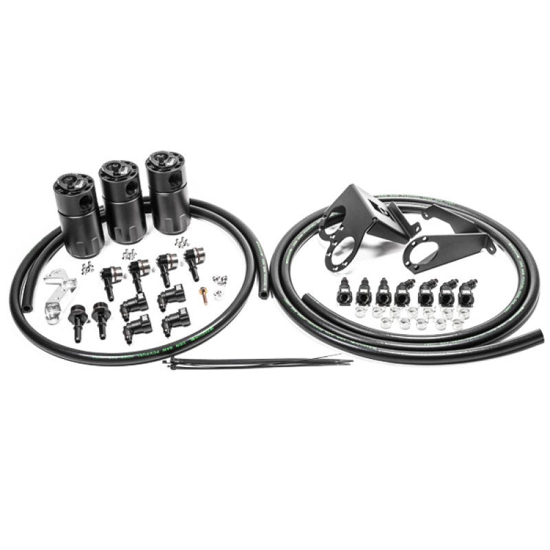 Three black anodized Radium Engineering Fluid Lock catch cans with custom brackets and hoses for C7 Corvette Stingray.