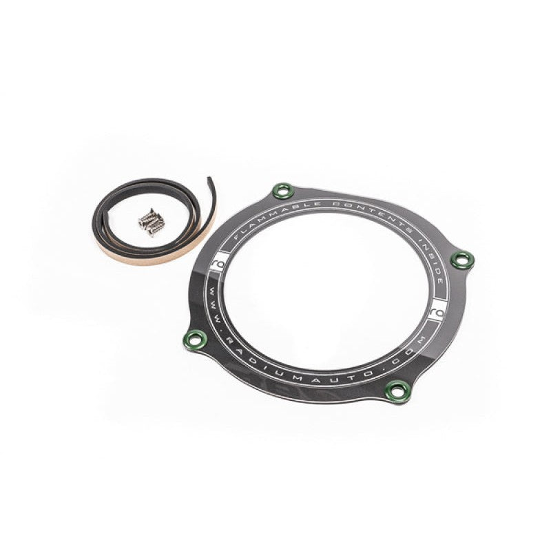Transparent Radium Engineering fuel pump access cover with laser-etched logos for 2014-2021 Subaru vehicles.