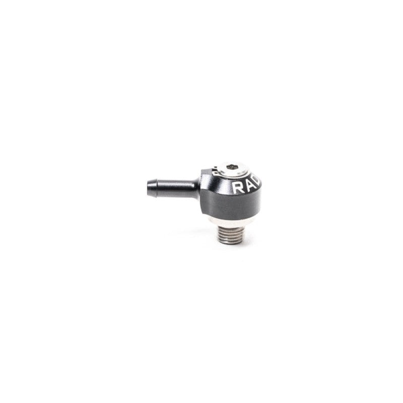 Radium Engineering stainless steel and aluminum swivel banjo fitting with 4AN ORB thread and 6.5mm hose barb