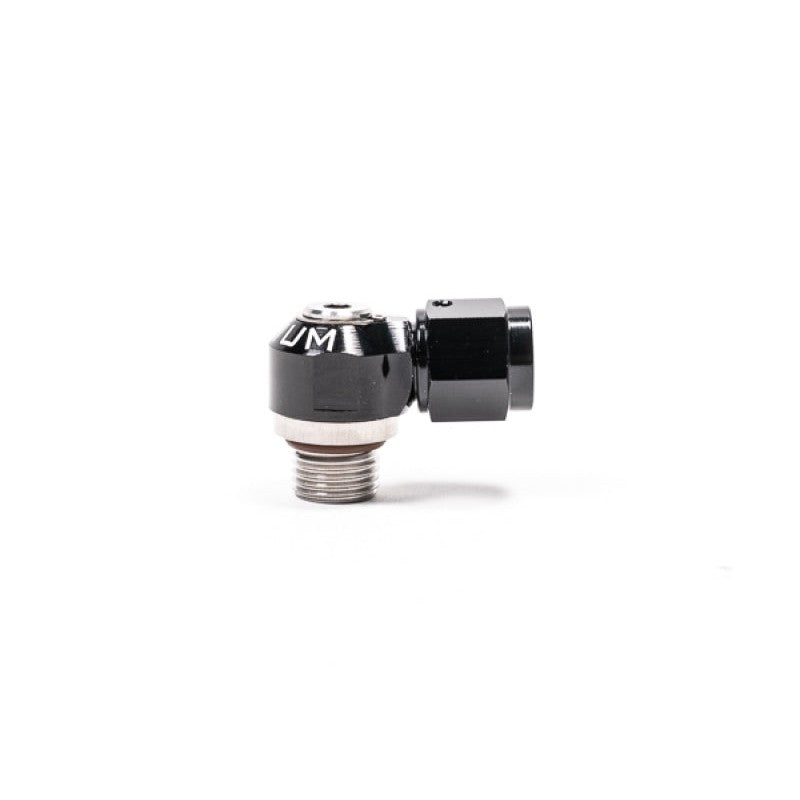 Radium Engineering 20-1000-0606F swivel banjo adapter showing the stainless steel bolt and aluminum 6AN ORB housing