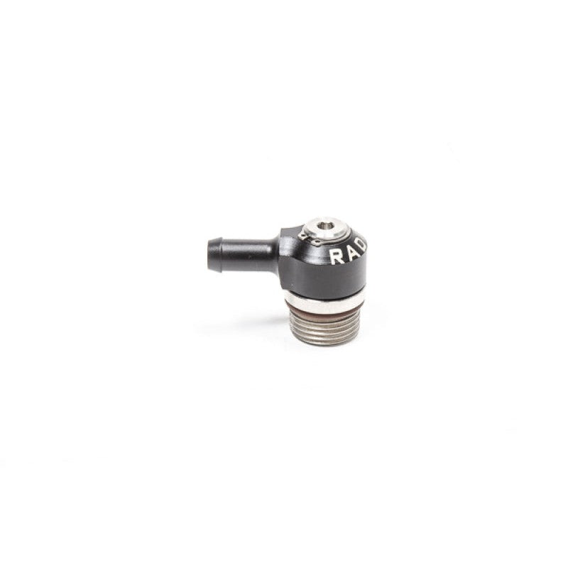 Radium Engineering 8AN ORB swivel banjo fitting with 8.5mm barb featuring black anodized and stainless finishes.