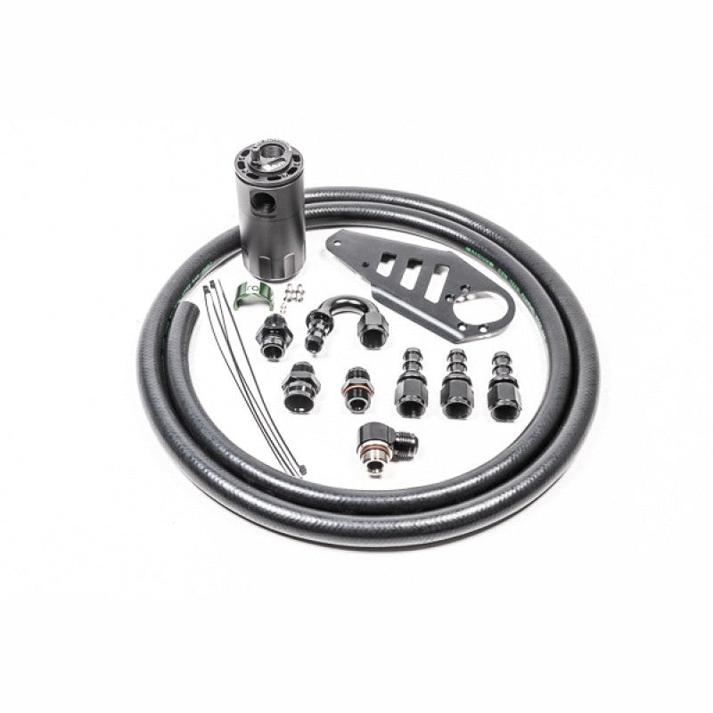Radium Engineering N54 Fluid Lock oil catch can kit with black hoses, mounting brackets, and hardware.