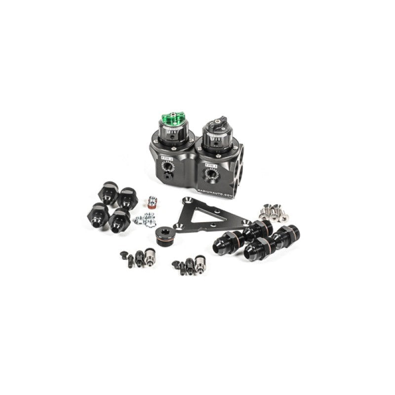 Radium Engineering Dual Fuel Pressure Regulator with two adjustment towers for independent DI and port injection control.