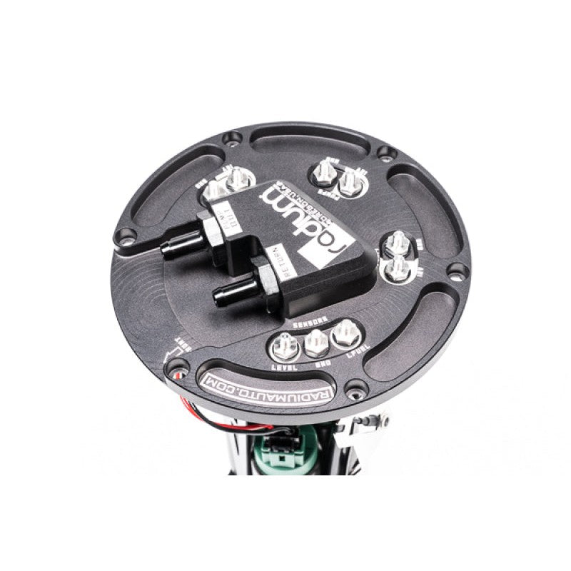 Billet aluminum Radium Engineering fuel pump hanger assembly for Nissan S13 and R32 Skyline chassis.