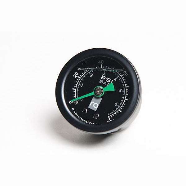 Radium Engineering mechanical fuel pressure gauge featuring 0-100 PSI scale and white needle dial.