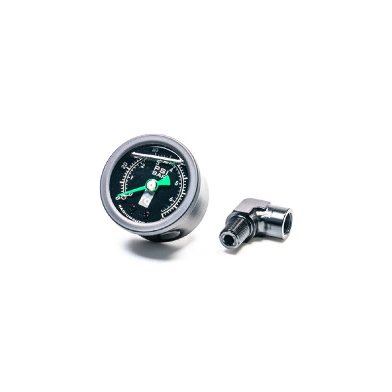Radium Engineering 0-100 PSI mechanical fuel pressure gauge with 90-degree brass adapter fitting.