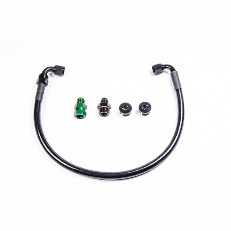 Radium Engineering fuel rail plumbing kit featuring black anodized fittings and hardware for 2000-2005 Honda S2000.